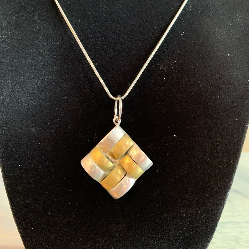 Sterling Silver Necklace Square Pendant Brass Sterling Stamped 925 TD-31 Mexico